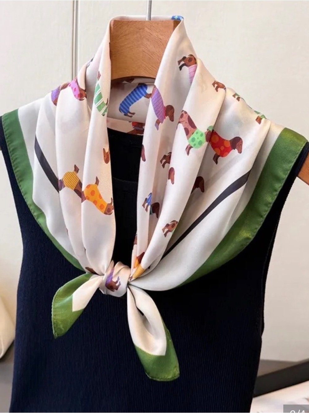 Dachshund -Print Square Scarf in White and Green -
